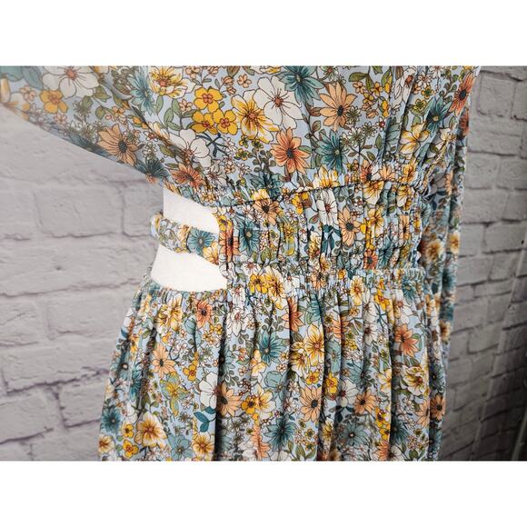 No Comment Womens L Floral‎ Dress & Side Waist Slits Puffy Sleeves Boho - Picture 4 of 16
